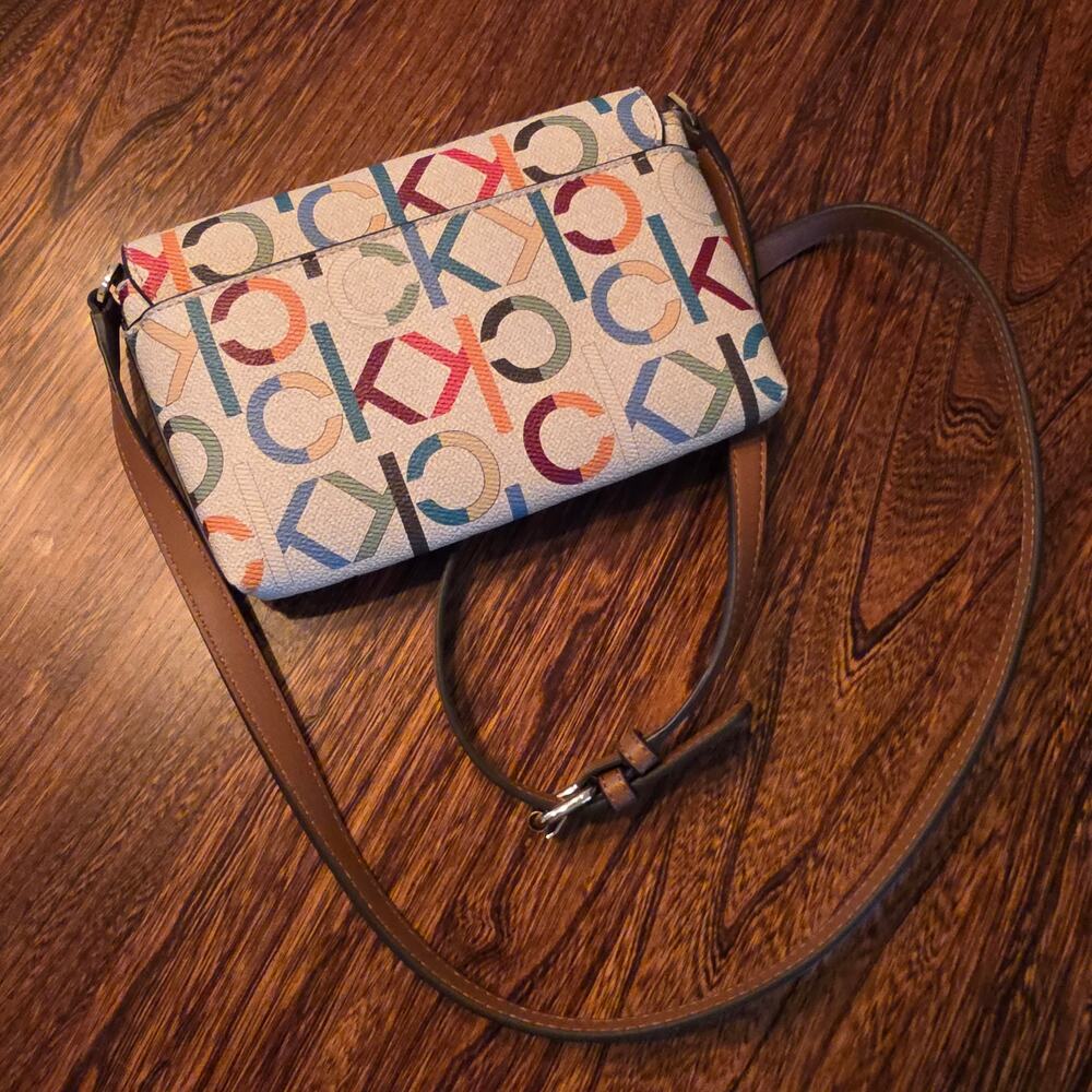 Calvin Klein White Multicolor CK Logo Crossbody with Tan Strap - Picture 3 of 6